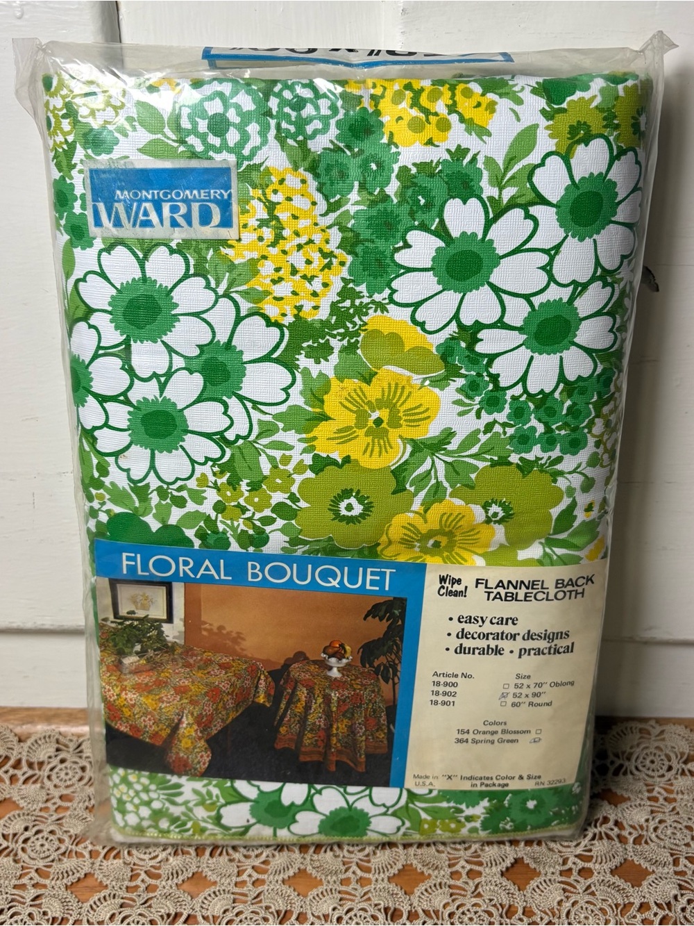 Vintage 70s Montgomery Ward Green Yellow Floral Flannel Back Vinyl Tablecloth